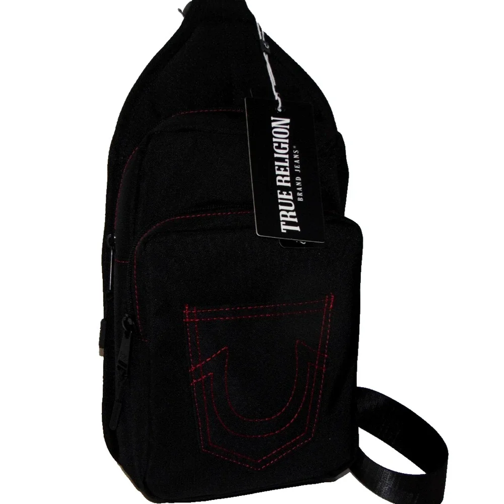 True Religion CORIE Sling Crossbody Bag Black Mesh Red Horseshoe Stitch Mens NWT